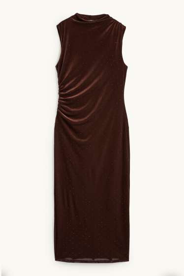 Dames - Fluwelen bodycon jurk met strass-steentjes - donkerbruin