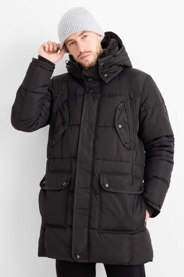 Hombre - Parka acolchada con capucha y pelo sintético - hidrófuga - negro