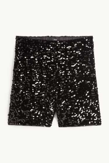 Damen - Pailletten-Shorts - High Waist - schwarz