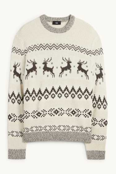Uomo - Maglione natalizio - renna - fantasia - tessuto tramato - bianco crema