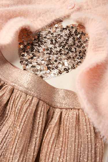 Enfants filles - Ensemble - haut à manches longues, gilet en maille, jupe et collants - rose