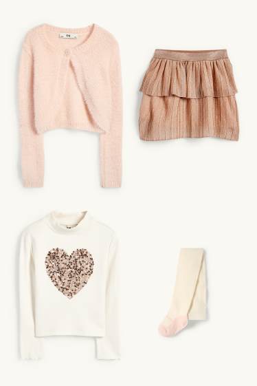 Enfants filles - Ensemble - haut à manches longues, gilet en maille, jupe et collants - rose