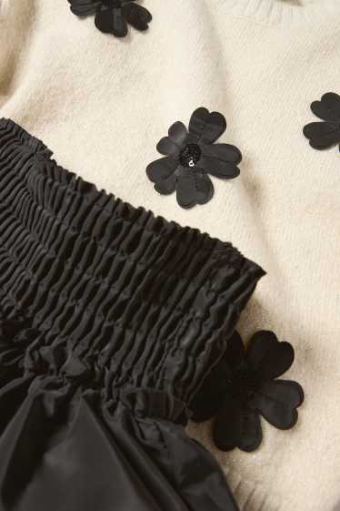 Enfants filles - Fleur - ensemble - pull, jupe et collants - 3 pièces - noir / beige