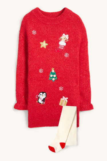 Kinder Mädchen - Set - Weihnachts-Kleid und Strumpfhose - 2 teilig - rot