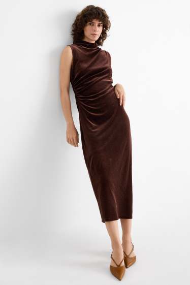 Dames - Fluwelen bodycon jurk met strass-steentjes - donkerbruin