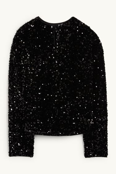 Damen - Pailletten-Langarmshirt - Regular Fit - schwarz