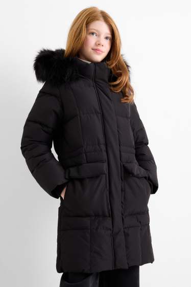 Kinder Mädchen - Daunenjacke mit Kapuze und Kunstfellbesatz - schwarz
