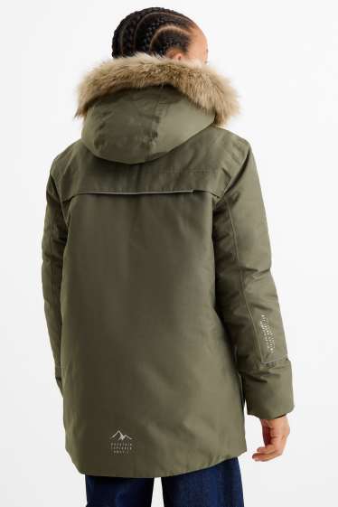 Kinderen: jongens - Regenjas met capuchon en imitatiebontrandje - gevoerd - kaki