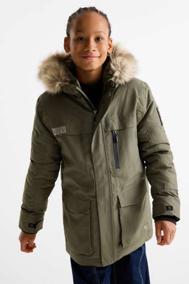 Kinderen: jongens - Regenjas met capuchon en imitatiebontrandje - gevoerd - kaki