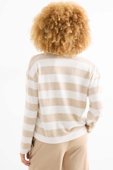 Women - Long sleeve polo shirt - knitted - striped - white / beige