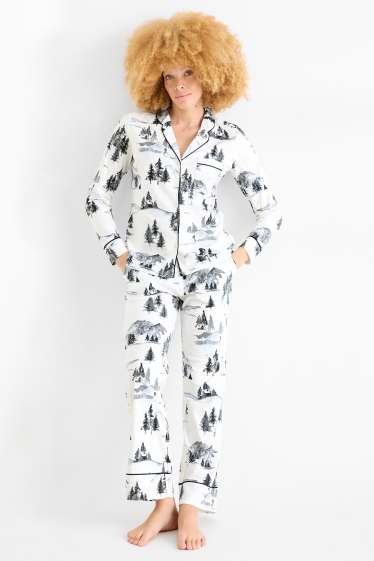 Dames - Pyjama van fleece - met patroon - wit