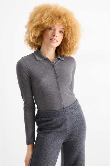 Donna - Polo a maniche lunghe - regular fit - a costine - grigio