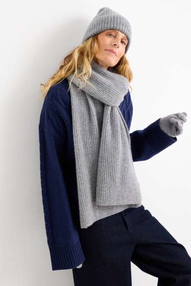 Femmes - Beanie en cachemire - finition côtelée - gris