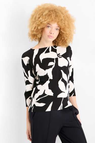 Dames - Longsleeve - regular fit - gebloemd - zwart / wit