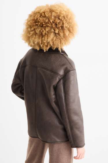 Dames - Shearling jas - imitatieleer - donkerbruin