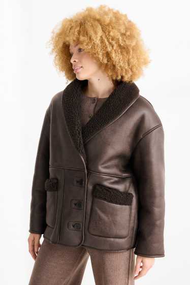 Dames - Shearling jas - imitatieleer - donkerbruin