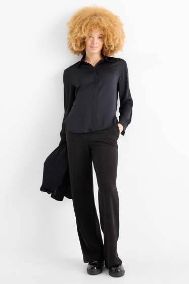 Dames - Broek - high waist - wide leg - glanseffect - zwart