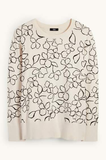 Dames - Trui - gebloemd - zwart / beige