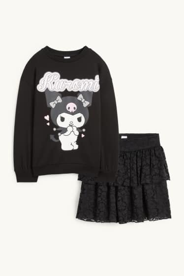 Enfants filles - Kuromi - ensemble - sweat et jupe - deux pièces - noir