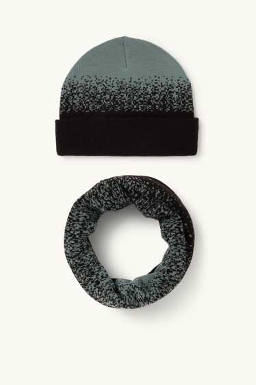 Copii - Băieți - Set - căciulă și fular circular - 2 piese - cu model - negru