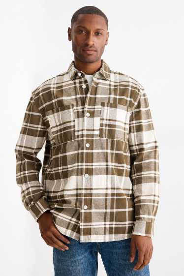 Hommes - Chemise en flanelle - regular fit - col kent - à carreaux - blanc / beige