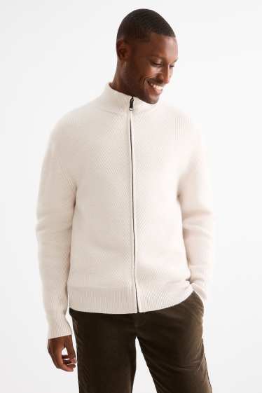 Bărbați - Cardigan tricotat cu conținut de cașmir - amestec de lână - reiat - alb-crem