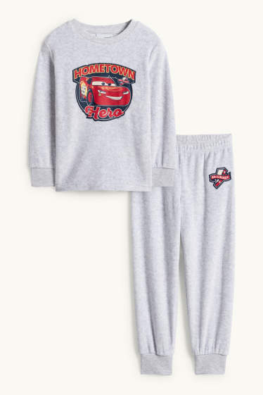 Děti - chlapci - Auta - zimní pyžamo - 2dílné - světle šedá-žíhaná