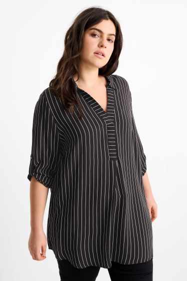 Damen - Bluse mit V-Ausschnitt - gestreift - schwarz