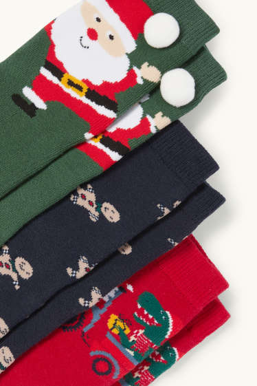 Enfants garçons - Lot de 3 paires - Père Noël et dinosaure - chaussettes de Noël à motif - vert foncé / rouge