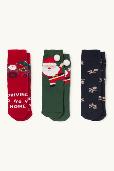 Enfants garçons - Lot de 3 paires - Père Noël et dinosaure - chaussettes de Noël à motif - vert foncé / rouge