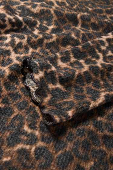 Dámské - Krátké tričko s dlouhým rukávem - slim fit - s leopardím vzorem - černá/béžová