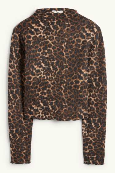 Dámské - Krátké tričko s dlouhým rukávem - slim fit - s leopardím vzorem - černá/béžová