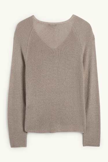 Femmes - Pull avec encolure en V - effet brillant - gris