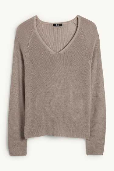Femmes - Pull avec encolure en V - effet brillant - gris