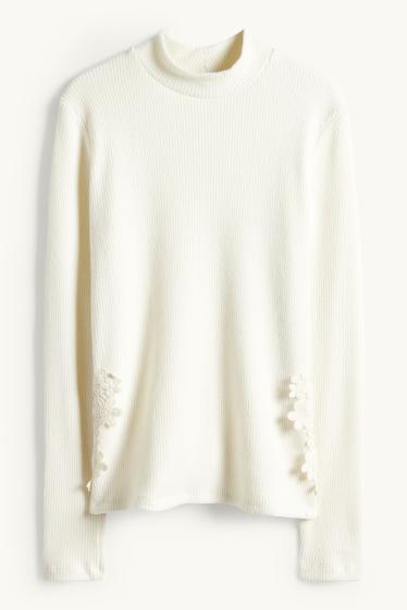 Dona - Samarreta de mànigues llargues - regular fit - acanalada - blanc trencat
