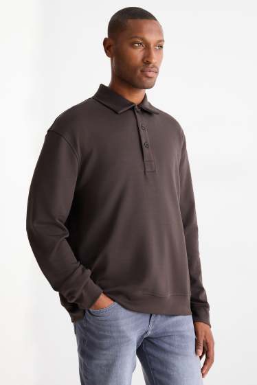 Heren - Poloshirt met lange mouwen - relaxed fit - donkerbruin