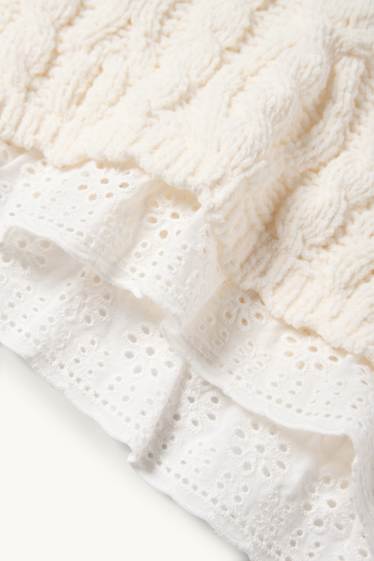 Bebeluși - fete - Pulover bebeluși - broderie englezească - cu torsade - crem