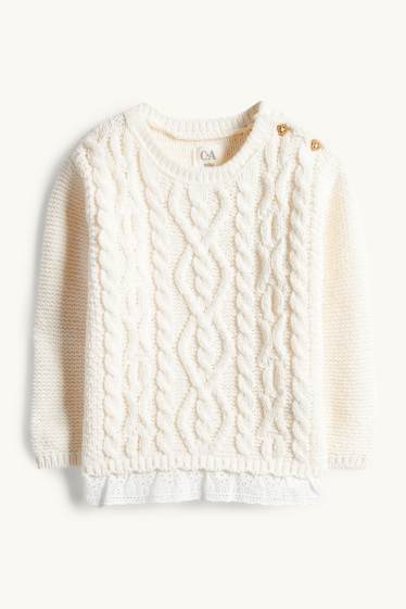 Bebeluși - fete - Pulover bebeluși - broderie englezească - cu torsade - crem