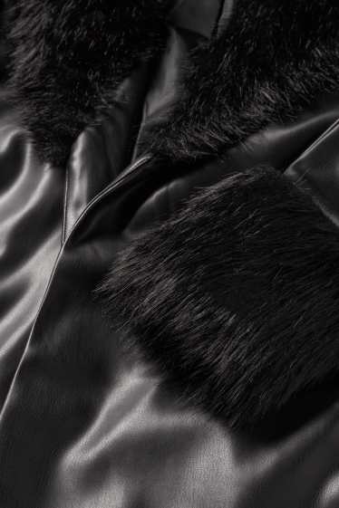 Women - Coat with faux fur trim - faux leather - black