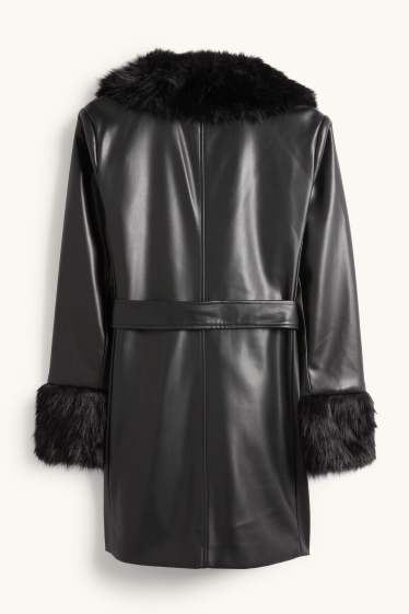 Women - Coat with faux fur trim - faux leather - black
