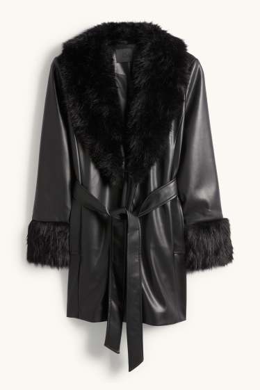 Women - Coat with faux fur trim - faux leather - black