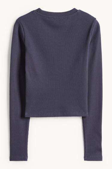Dames - Korte longsleeve - slim fit - ribstof - donkerblauw