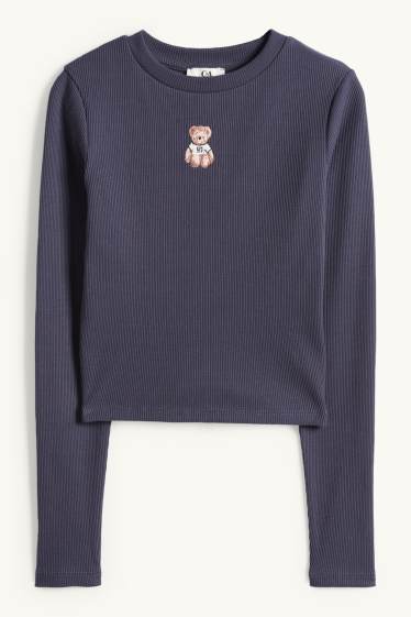 Dames - Korte longsleeve - slim fit - ribstof - donkerblauw