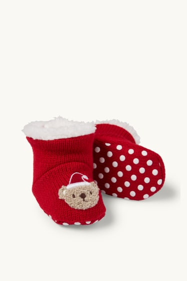 Unisex - Ursuleț de pluș - pantofi premergători bebeluși, cu motive de Crăciun - roșu