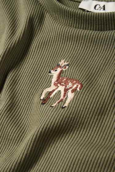 Dámské - Krátké tričko s dlouhým rukávem - slim fit - žebrované - khaki