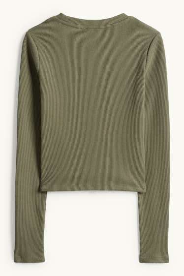 Dámské - Krátké tričko s dlouhým rukávem - slim fit - žebrované - khaki