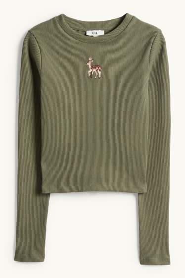 Dámské - Krátké tričko s dlouhým rukávem - slim fit - žebrované - khaki