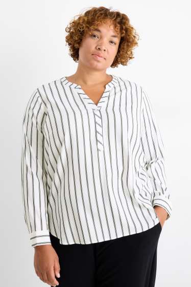 Femei - Bluză cu decolteu în V - cu dungi - alb / negru