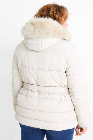 Dames - Gewatteerde jas met ceintuur, capuchon en imitatiebontrandje - licht beige