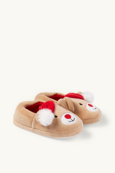 Kinderen: meisjes - Rendier - kerstpantoffels - beige